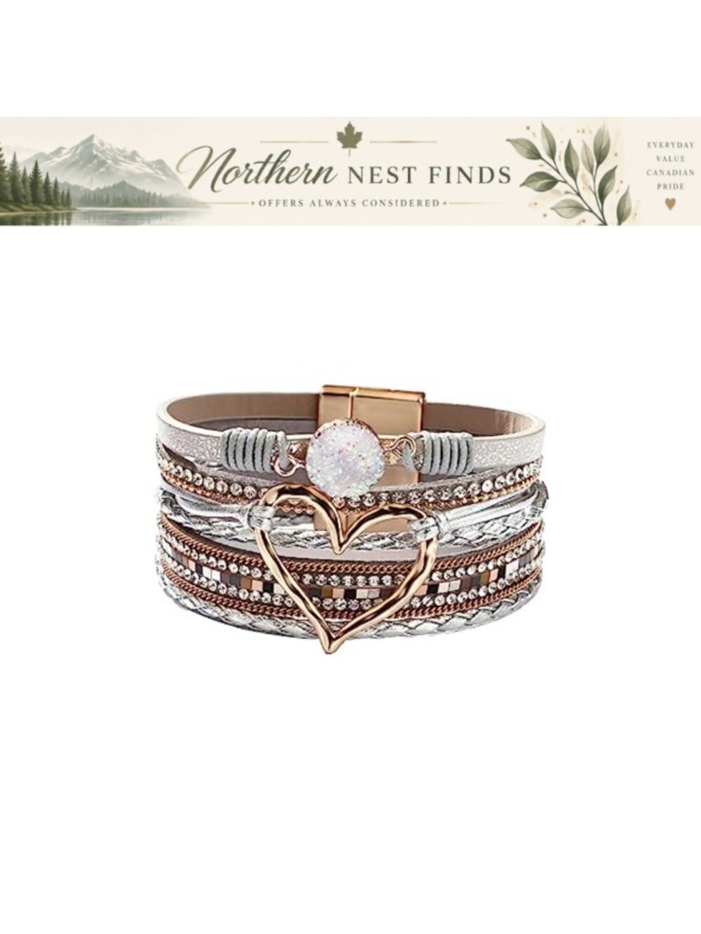Leather Wrap Bracelet Heart Charm Braided Bohemian Cuff Bangle Women